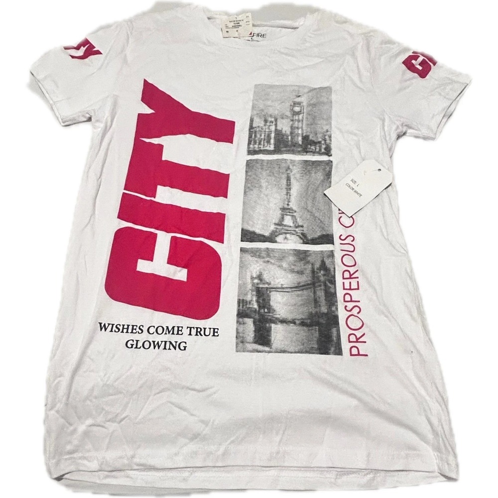 On Fire Boys Graphic T Shirt White Red City Print Short Sleeve Size L
